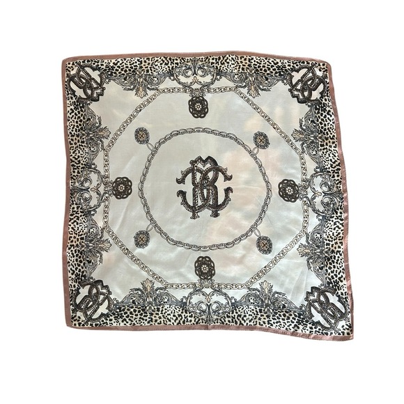 Roberto Cavalli Beige Monogram Logo, Leopard And Chain Print Silk Scarf 20x20 - Picture 1 of 6